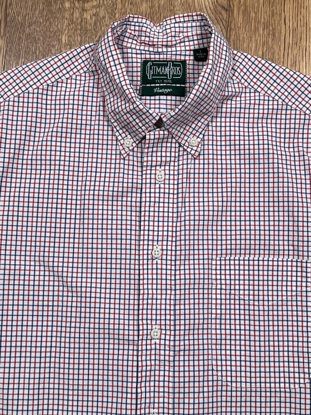 Gitman Bros Vintage Made in USA Blue White Red Check Oxford Dress Shirt Mens L